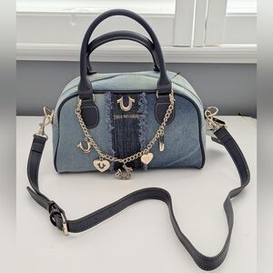 NWT True Religion Blue Denim Bowler Bag w/Charms & Detachable/Adjustable Strap